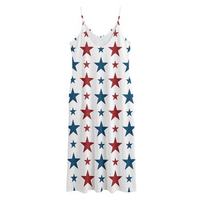 Red And Blue USA Star Pattern Print Jersey Midi Cami Dress