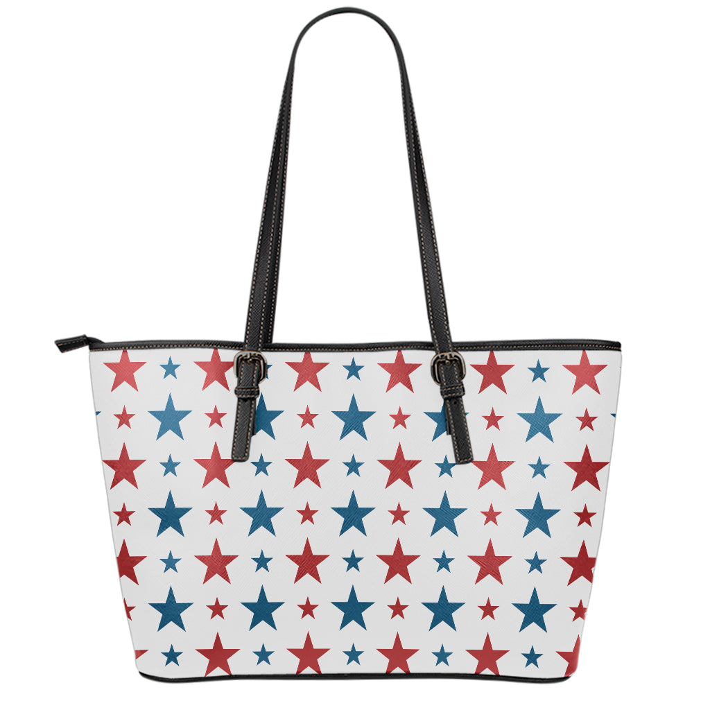 Red And Blue USA Star Pattern Print Leather Tote Bag