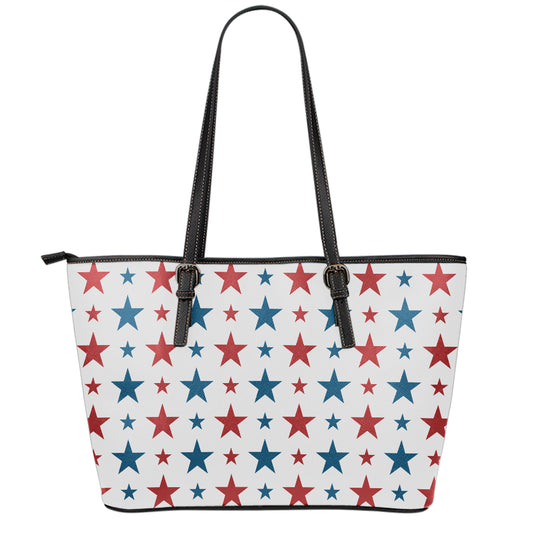 Red And Blue USA Star Pattern Print Leather Tote Bag