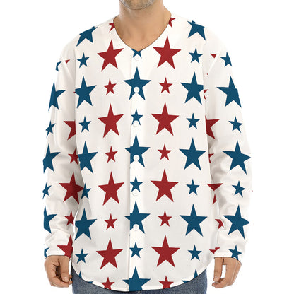 Red And Blue USA Star Pattern Print Long Sleeve Baseball Jersey