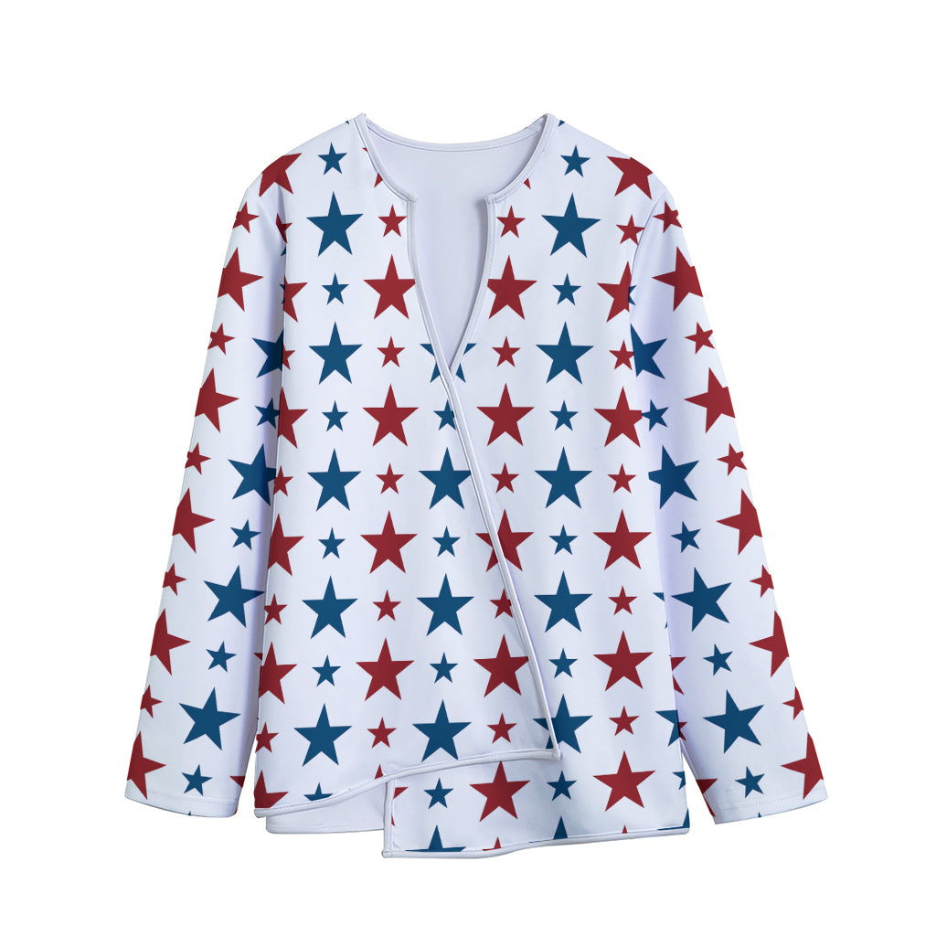 Red And Blue USA Star Pattern Print Long Sleeve Short Coat