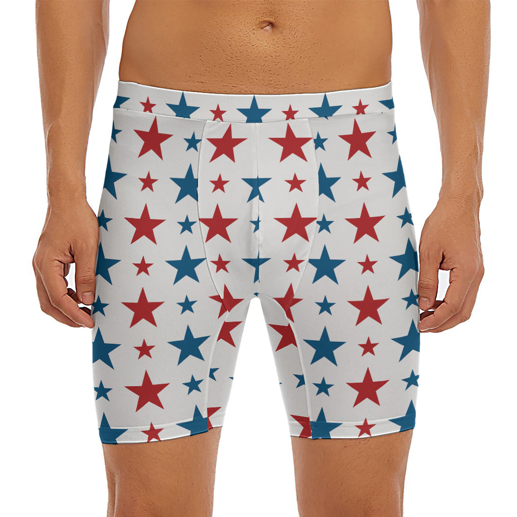Red And Blue USA Star Pattern Print Men's Long Boxer Briefs
