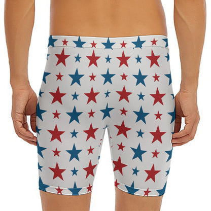 Red And Blue USA Star Pattern Print Men's Long Boxer Briefs