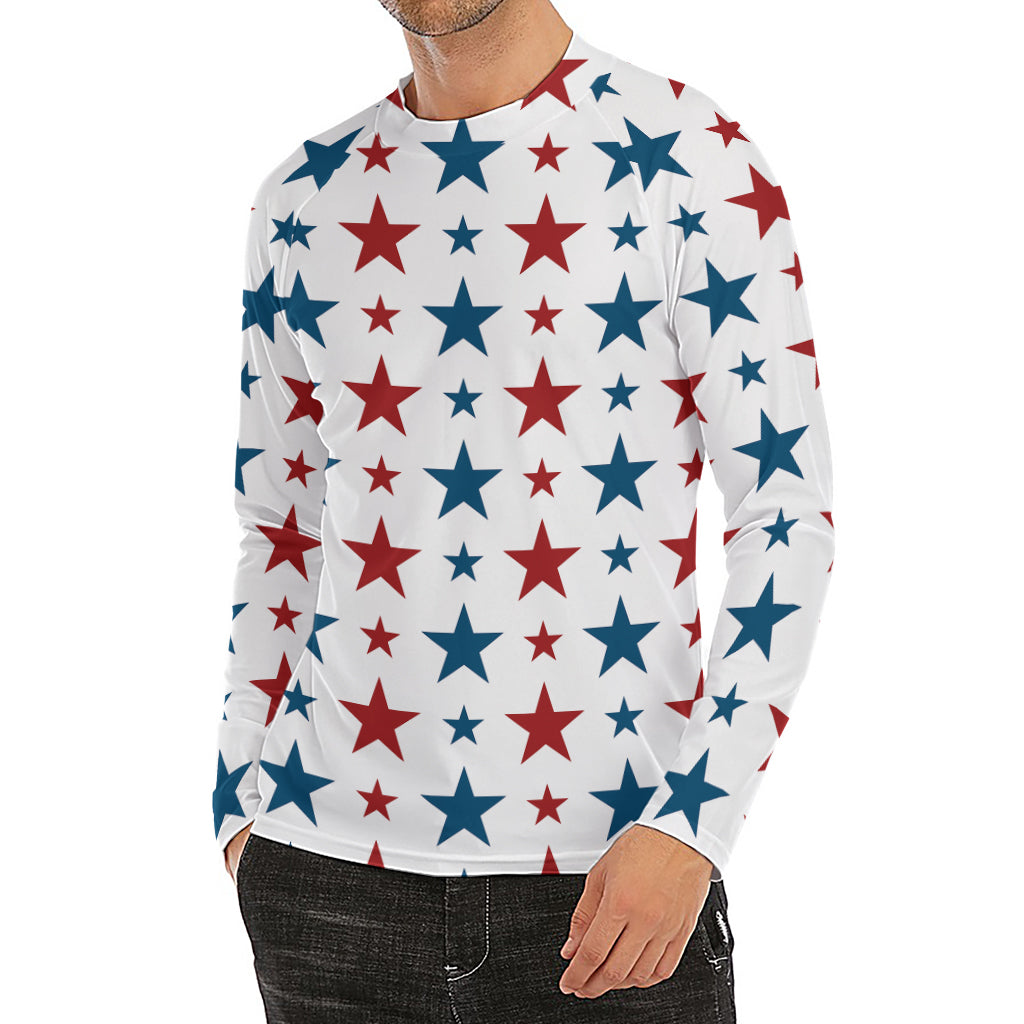 Red And Blue USA Star Pattern Print Men's Long Sleeve Rash Guard