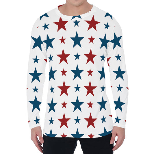 Red And Blue USA Star Pattern Print Men's Long Sleeve T-Shirt