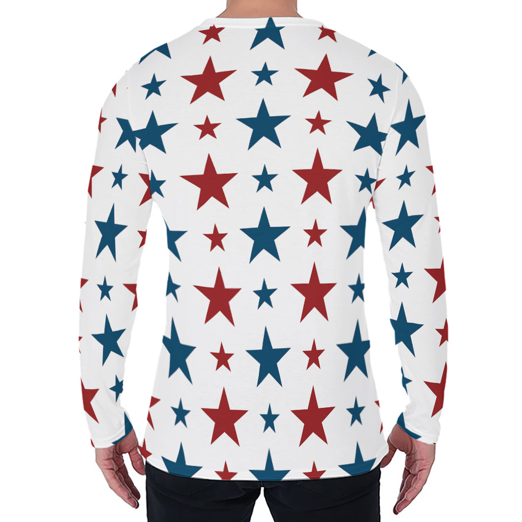 Red And Blue USA Star Pattern Print Men's Long Sleeve T-Shirt