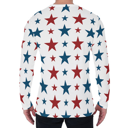 Red And Blue USA Star Pattern Print Men's Long Sleeve T-Shirt