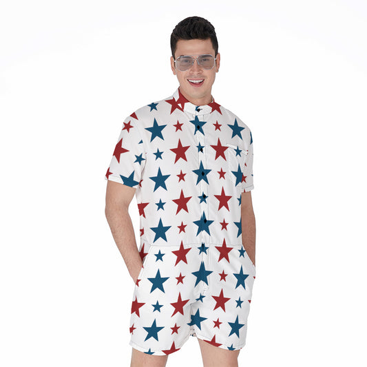 Red And Blue USA Star Pattern Print Men's Rompers