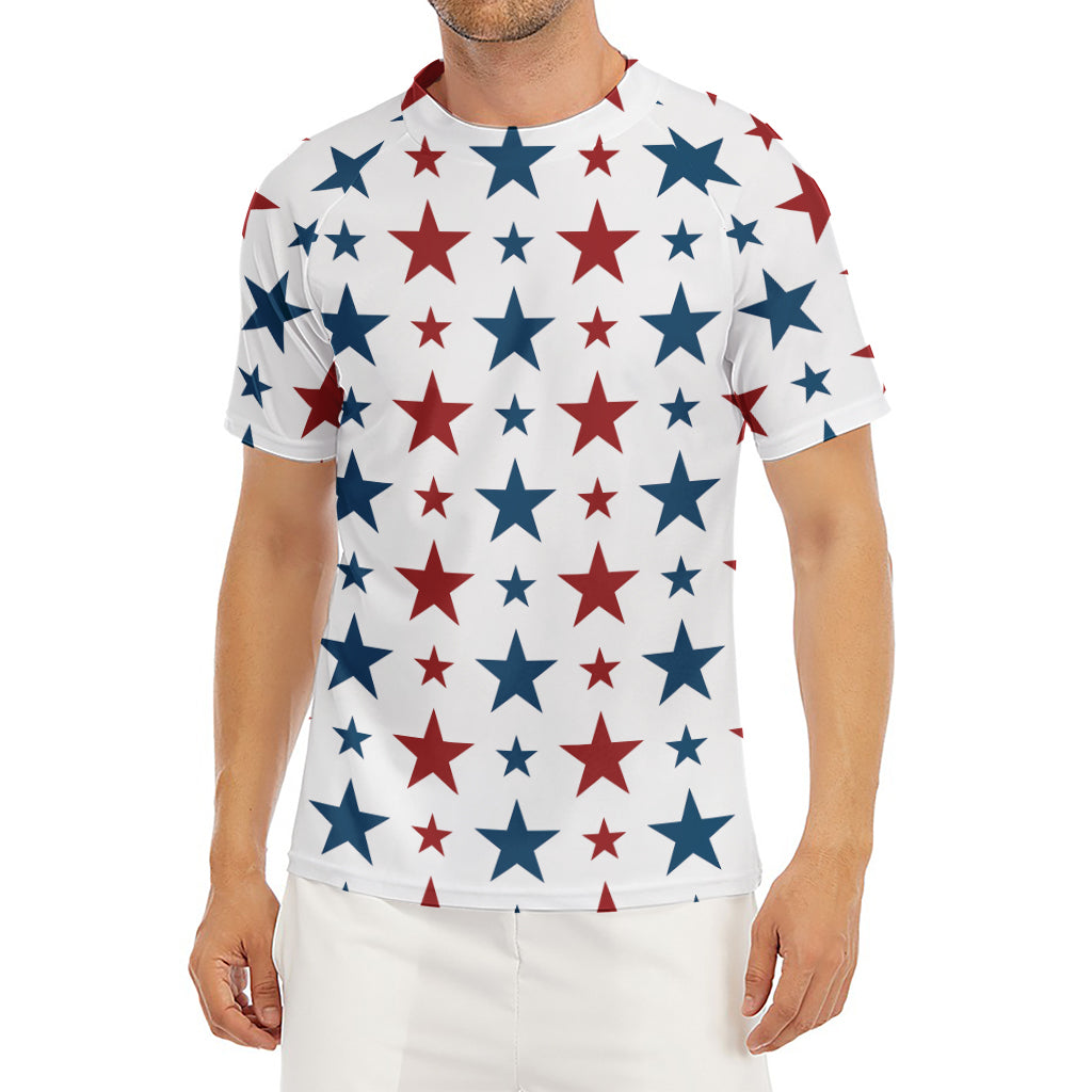 Red And Blue USA Star Pattern Print Men's Short Sleeve Rash Guard
