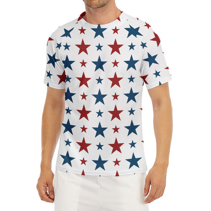 Red And Blue USA Star Pattern Print Men's Short Sleeve Rash Guard
