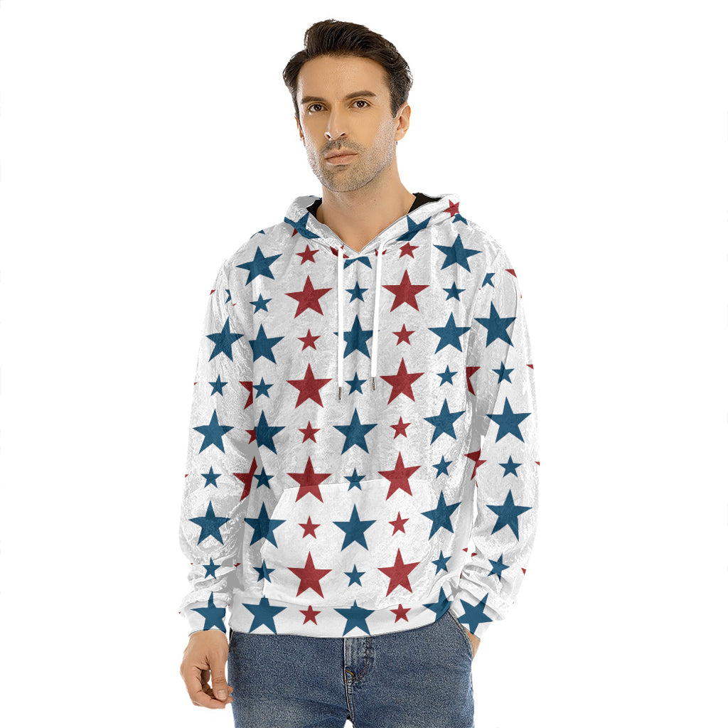 Red And Blue USA Star Pattern Print Men's Velvet Pullover Hoodie