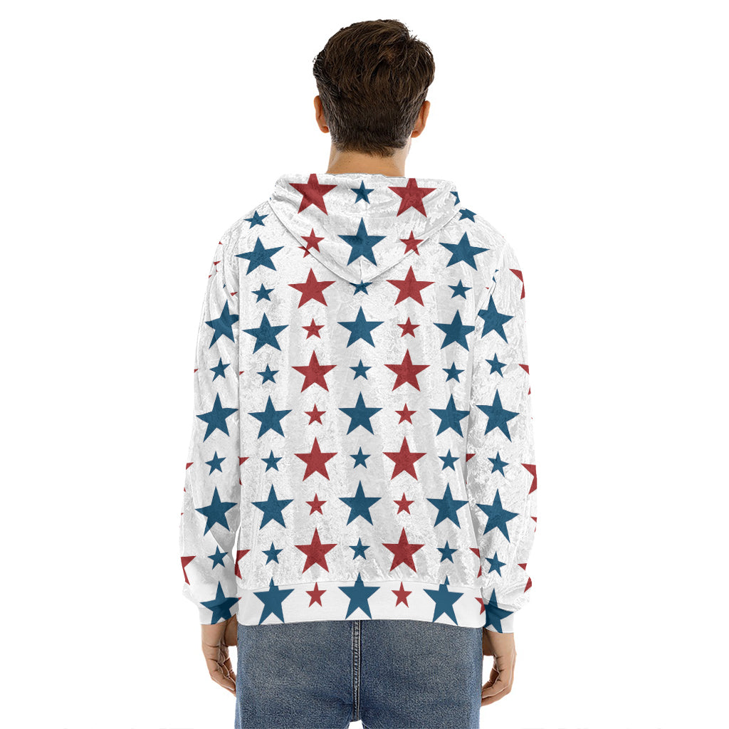 Red And Blue USA Star Pattern Print Men's Velvet Pullover Hoodie