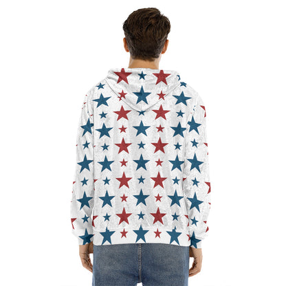 Red And Blue USA Star Pattern Print Men's Velvet Pullover Hoodie