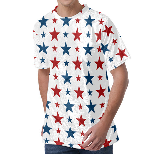 Red And Blue USA Star Pattern Print Men's Velvet T-Shirt