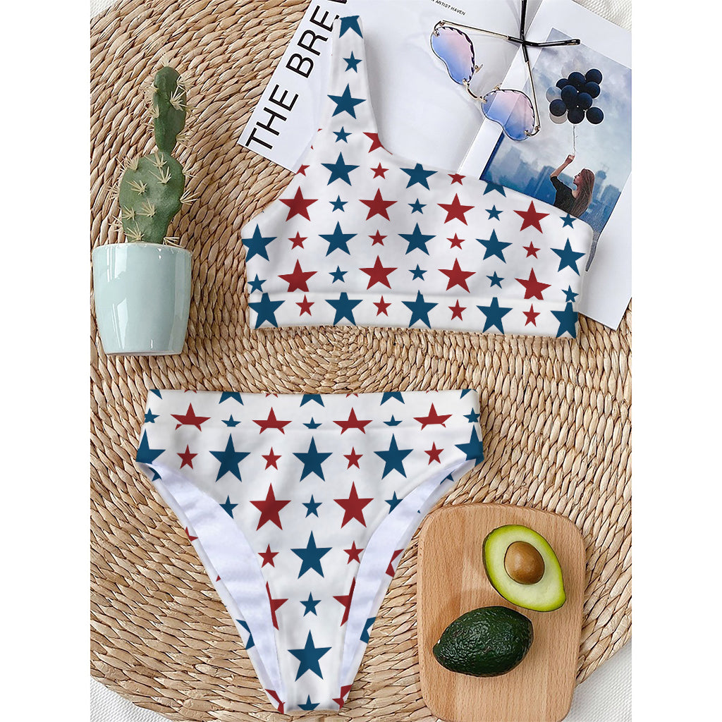 Red And Blue USA Star Pattern Print One Shoulder Bikini Top