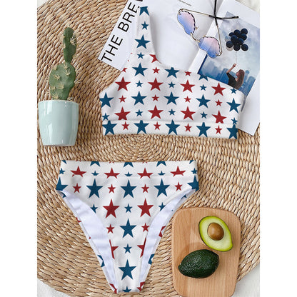 Red And Blue USA Star Pattern Print One Shoulder Bikini Top