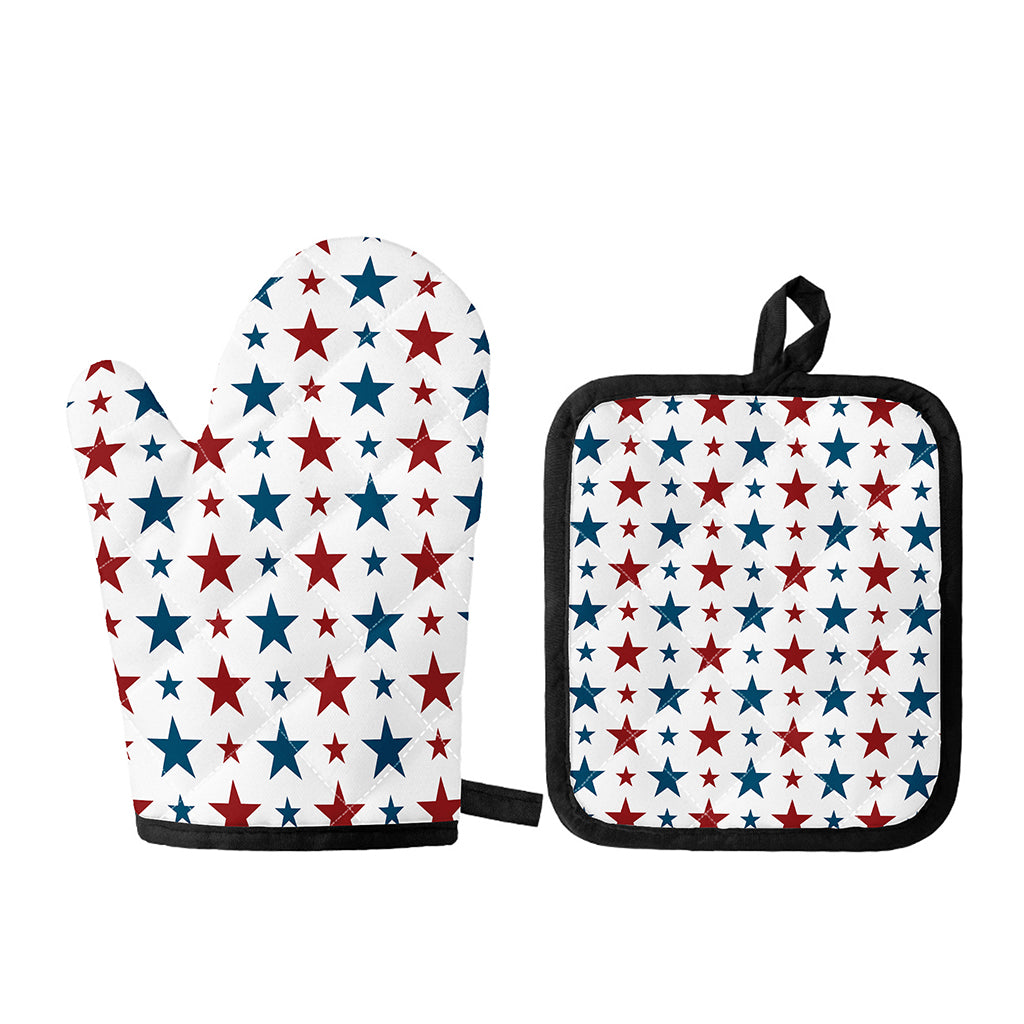 Red And Blue USA Star Pattern Print Oven Mitt And Pot Holder Set