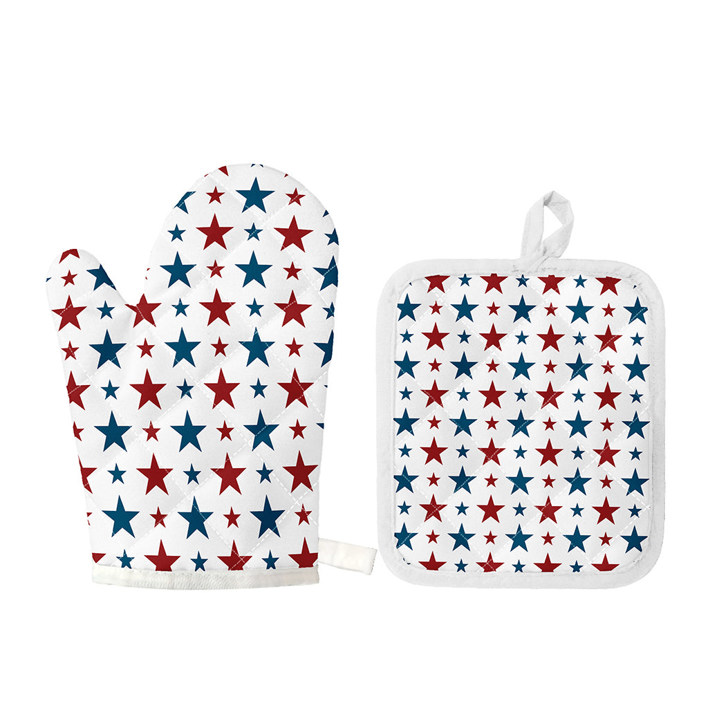 Red And Blue USA Star Pattern Print Oven Mitt And Pot Holder Set