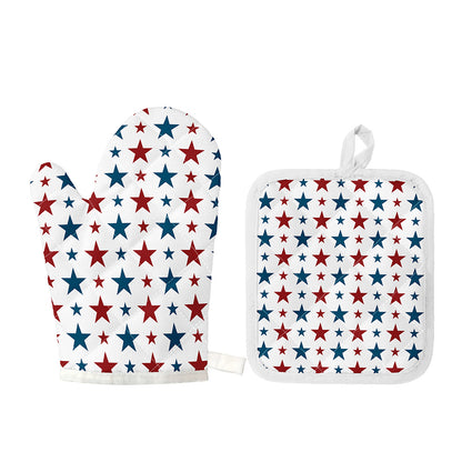 Red And Blue USA Star Pattern Print Oven Mitt And Pot Holder Set