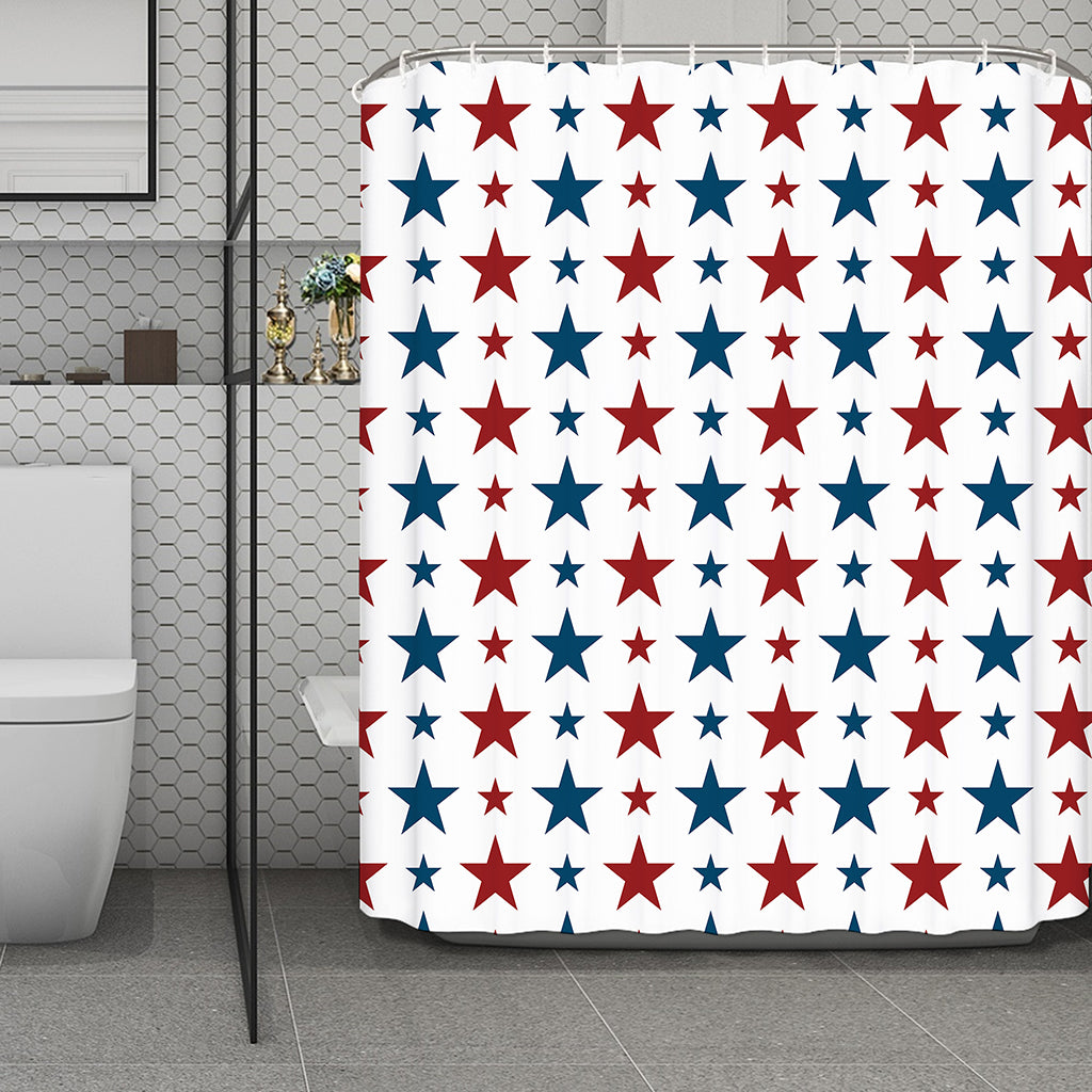 Red And Blue USA Star Pattern Print Polyester Shower Curtain