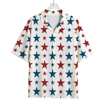 Red And Blue USA Star Pattern Print Rayon Hawaiian Shirt