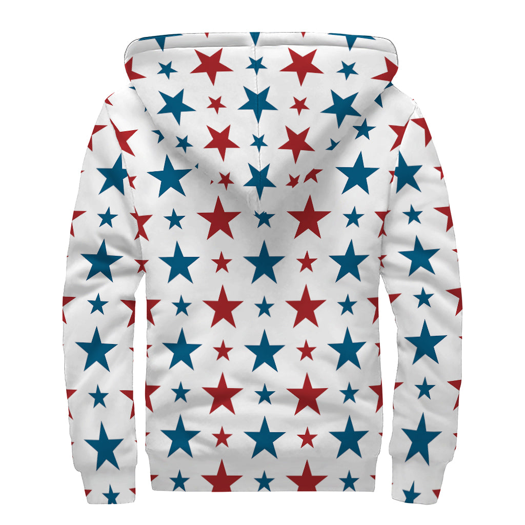 Red And Blue USA Star Pattern Print Sherpa Lined Zip Up Hoodie