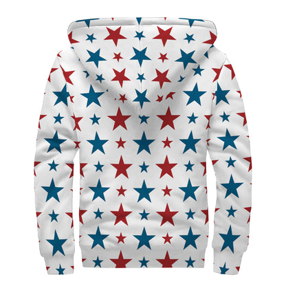 Red And Blue USA Star Pattern Print Sherpa Lined Zip Up Hoodie