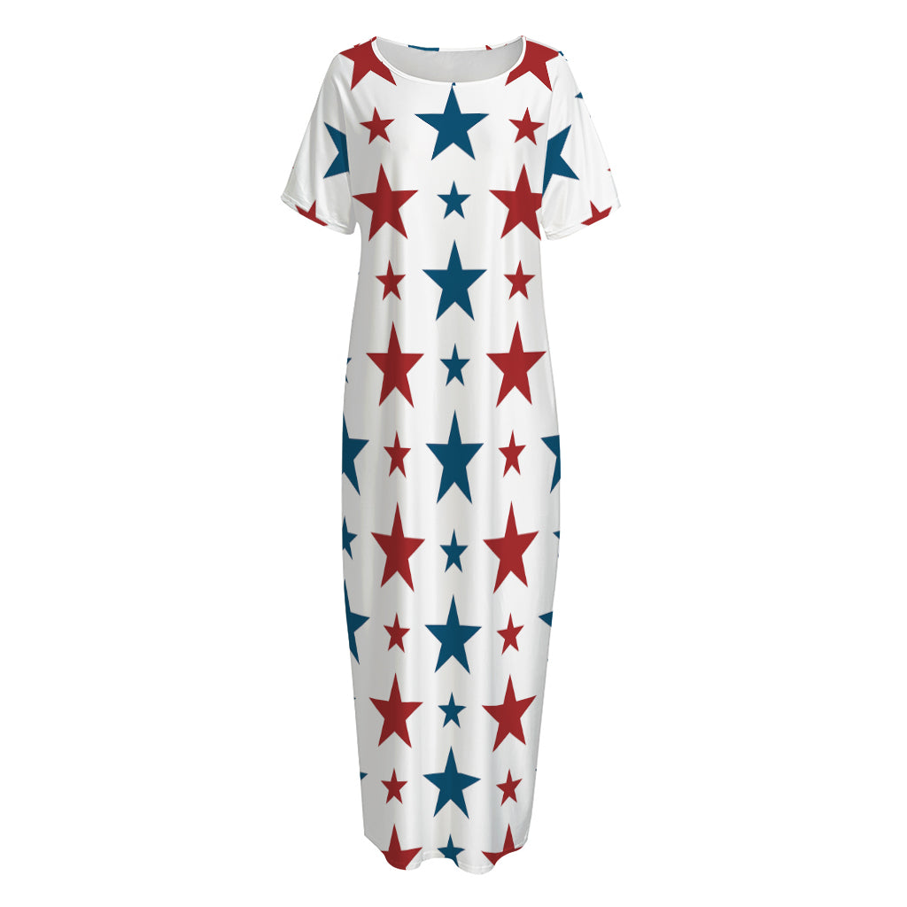 Red And Blue USA Star Pattern Print Short Sleeve Long Nightdress