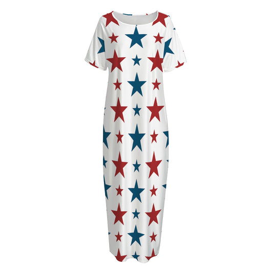 Red And Blue USA Star Pattern Print Short Sleeve Long Nightdress
