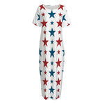 Red And Blue USA Star Pattern Print Short Sleeve Long Nightdress