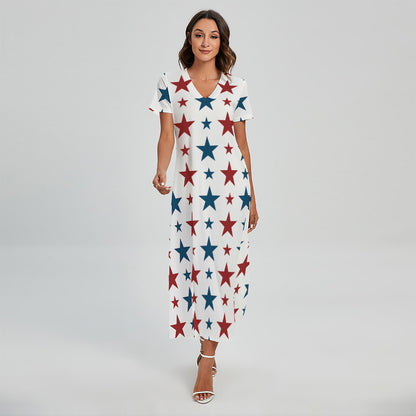 Red And Blue USA Star Pattern Print Short Sleeve Maxi Dress