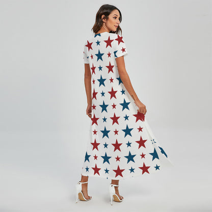 Red And Blue USA Star Pattern Print Short Sleeve Maxi Dress