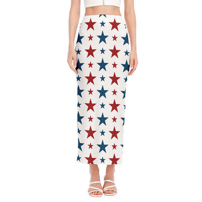 Red And Blue USA Star Pattern Print Side Slit Maxi Skirt