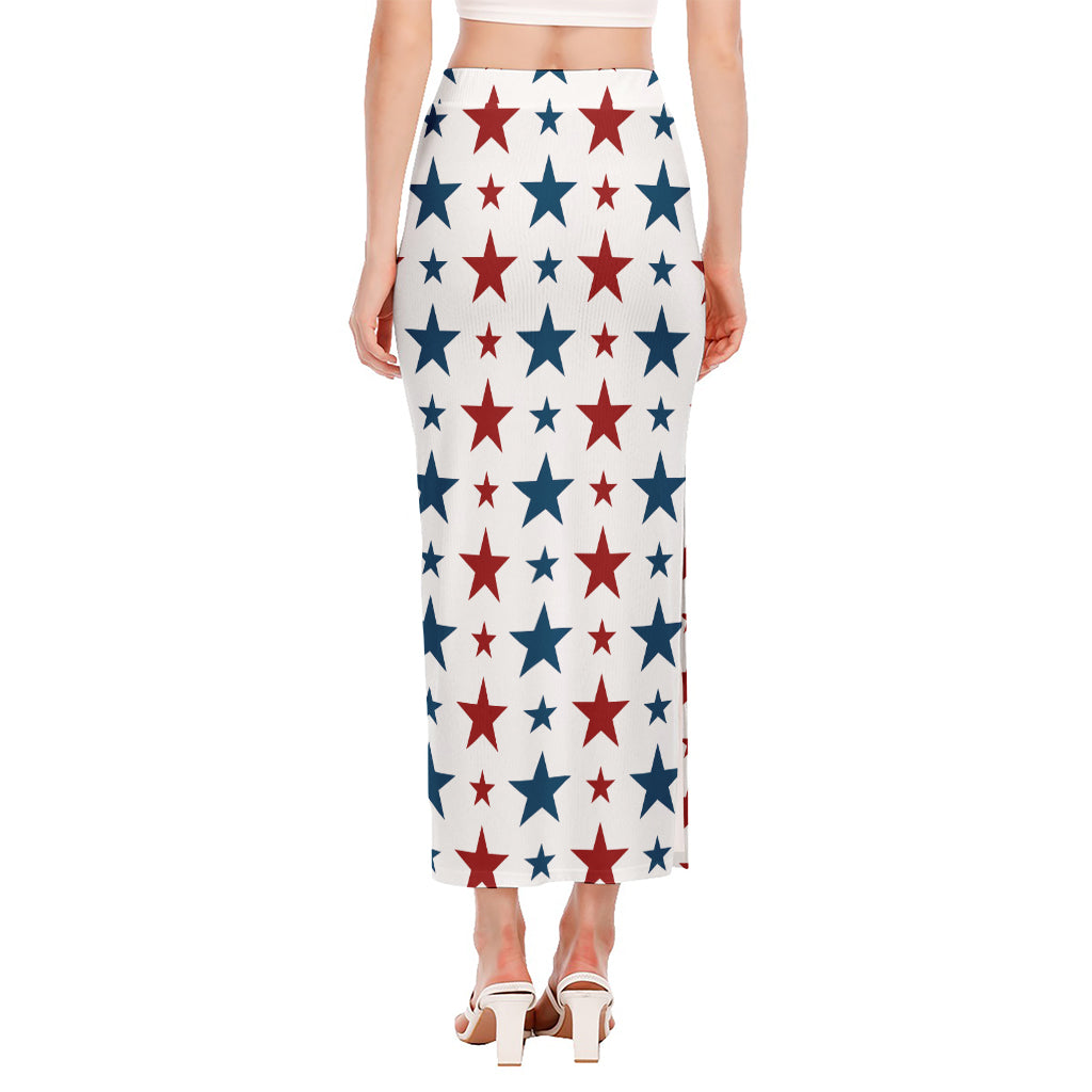 Red And Blue USA Star Pattern Print Side Slit Maxi Skirt
