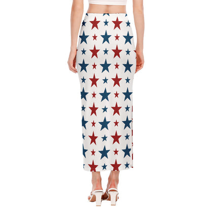 Red And Blue USA Star Pattern Print Side Slit Maxi Skirt