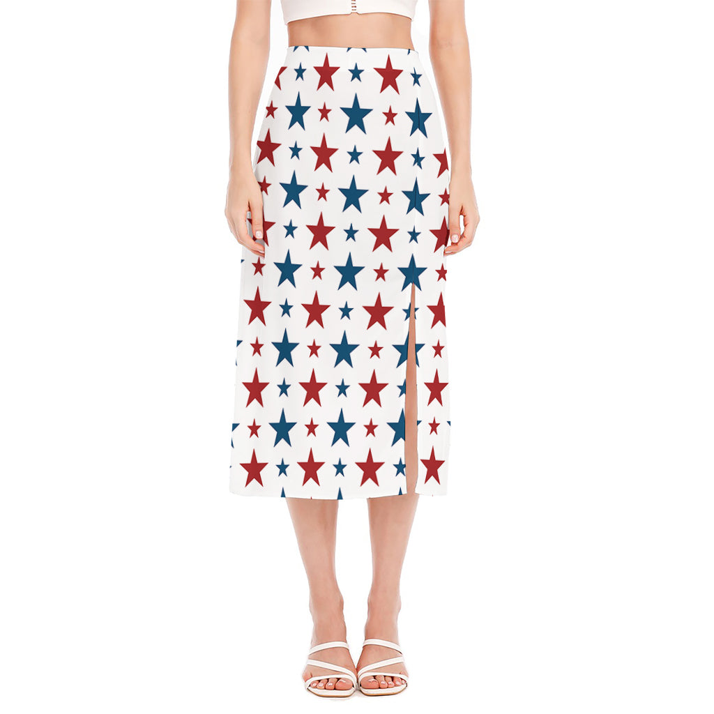 Red And Blue USA Star Pattern Print Side Slit Midi Skirt