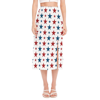 Red And Blue USA Star Pattern Print Side Slit Midi Skirt