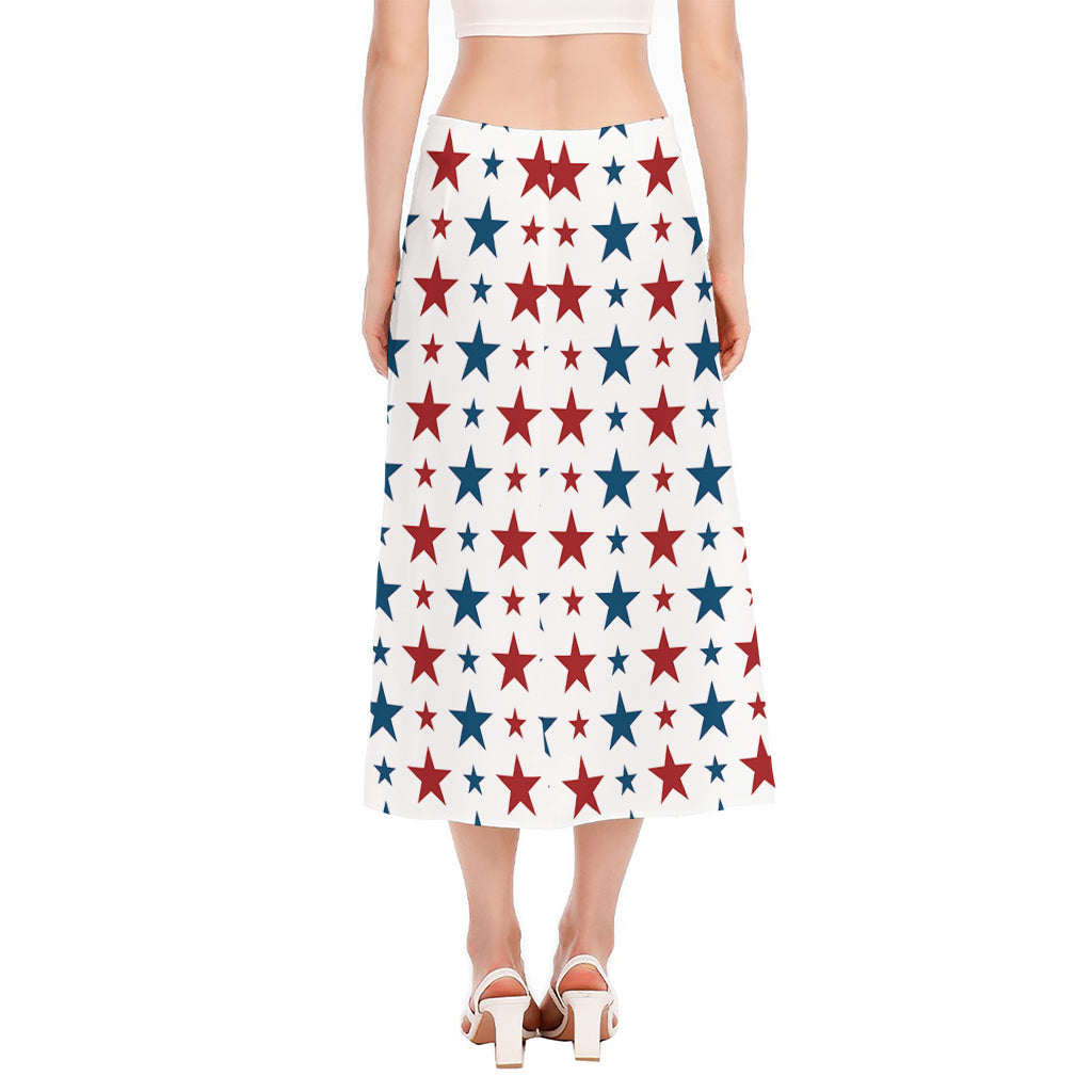 Red And Blue USA Star Pattern Print Side Slit Midi Skirt