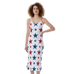 Red And Blue USA Star Pattern Print Slim Fit Midi Cami Dress