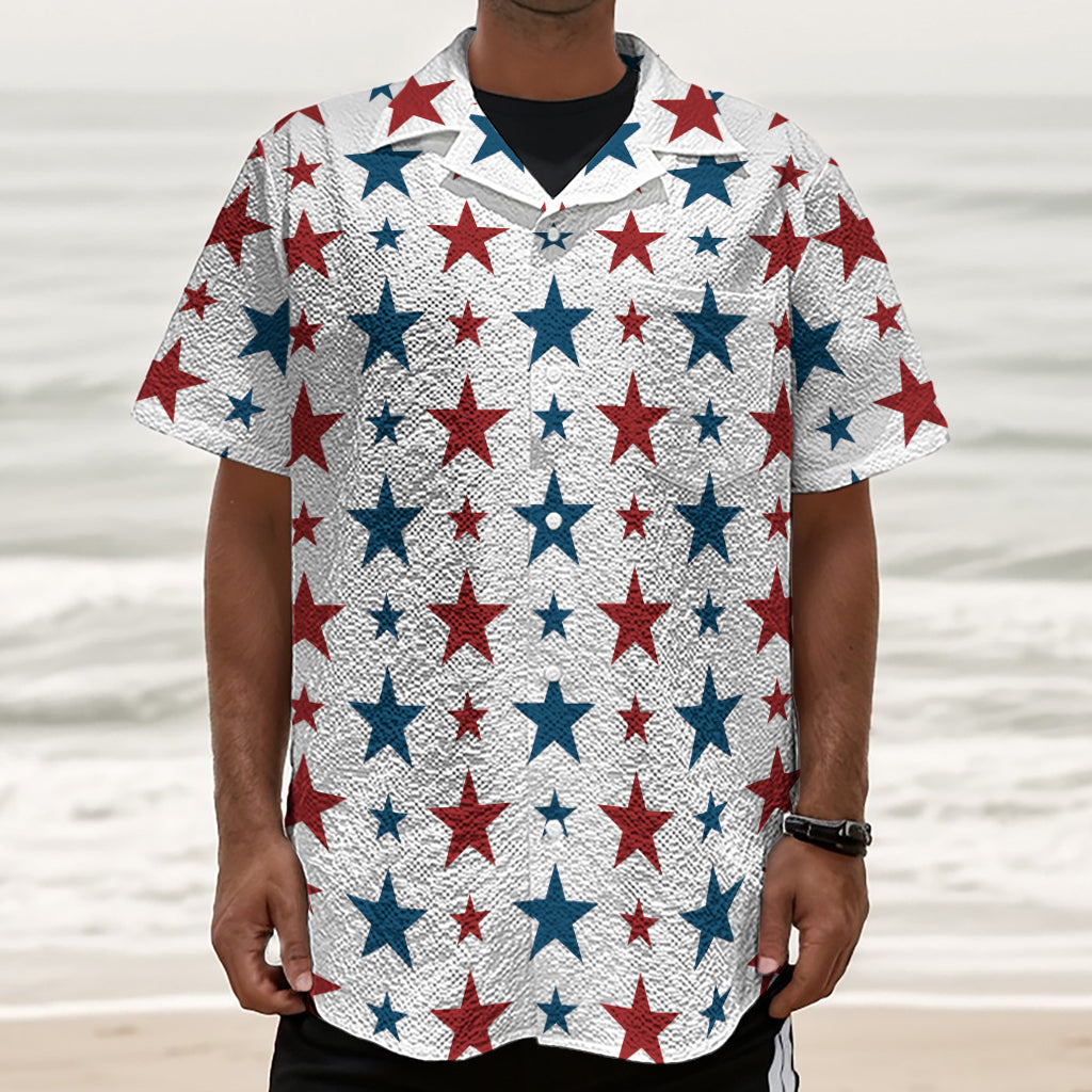 Red And Blue USA Star Pattern Print Textured Short Sleeve Shirt