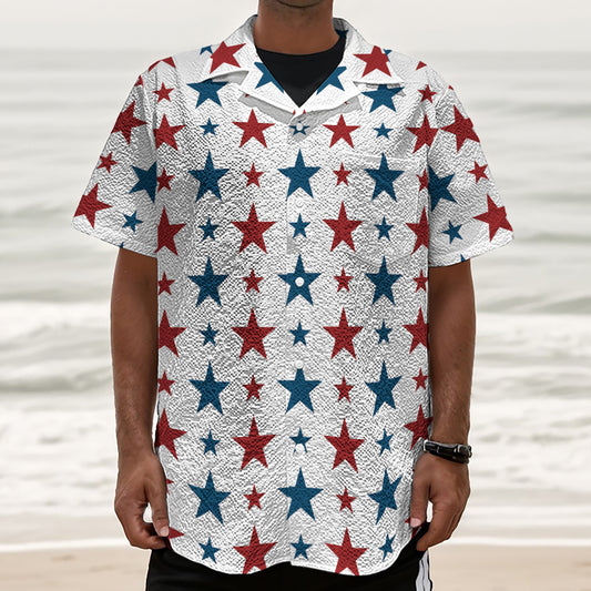 Red And Blue USA Star Pattern Print Textured Short Sleeve Shirt