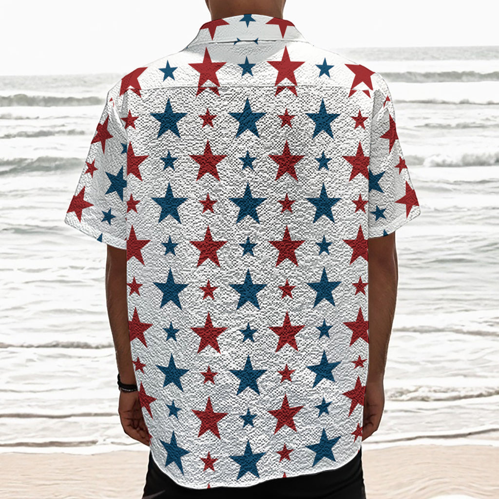 Red And Blue USA Star Pattern Print Textured Short Sleeve Shirt