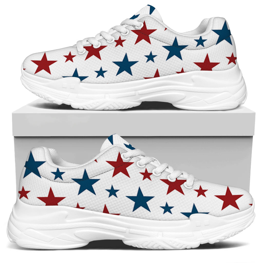 Red And Blue USA Star Pattern Print White Chunky Shoes