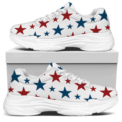 Red And Blue USA Star Pattern Print White Chunky Shoes