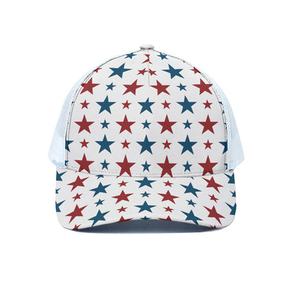 Red And Blue USA Star Pattern Print White Mesh Trucker Cap
