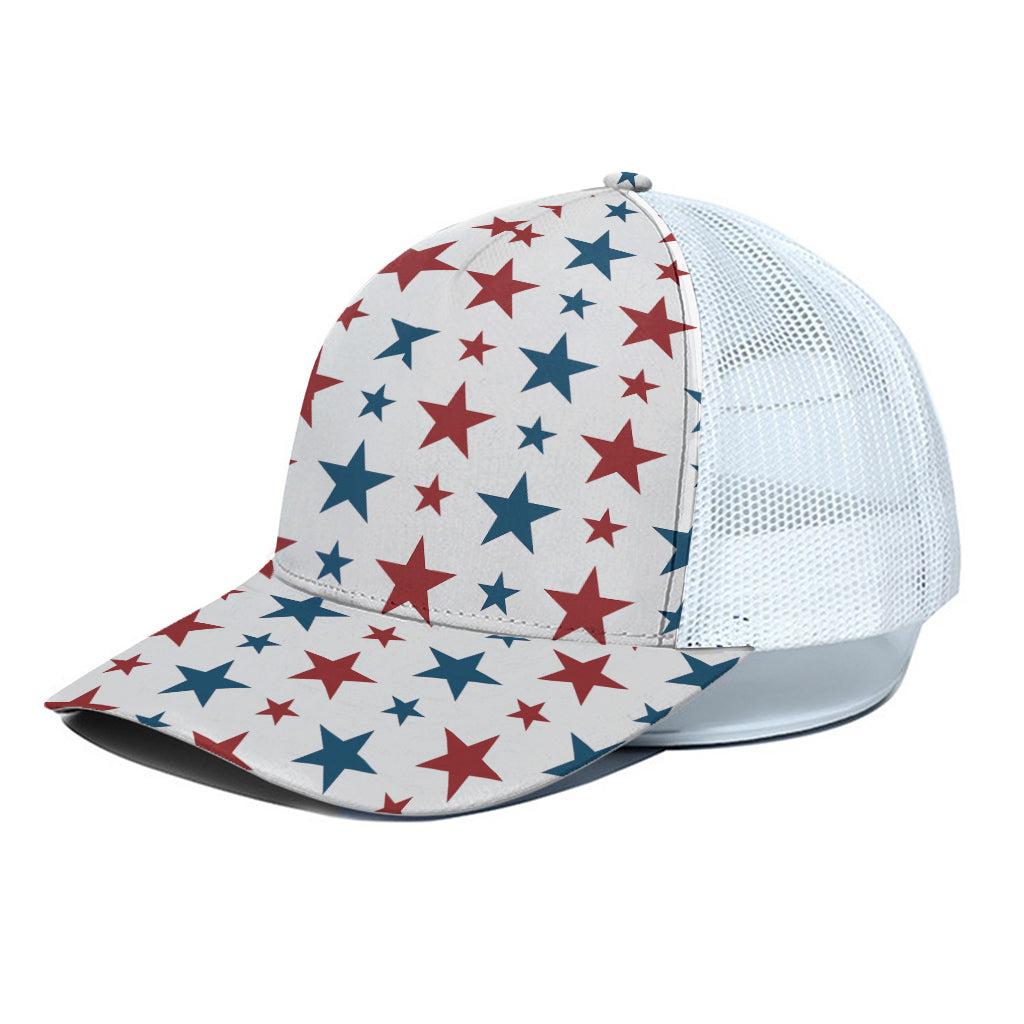 Red And Blue USA Star Pattern Print White Mesh Trucker Cap