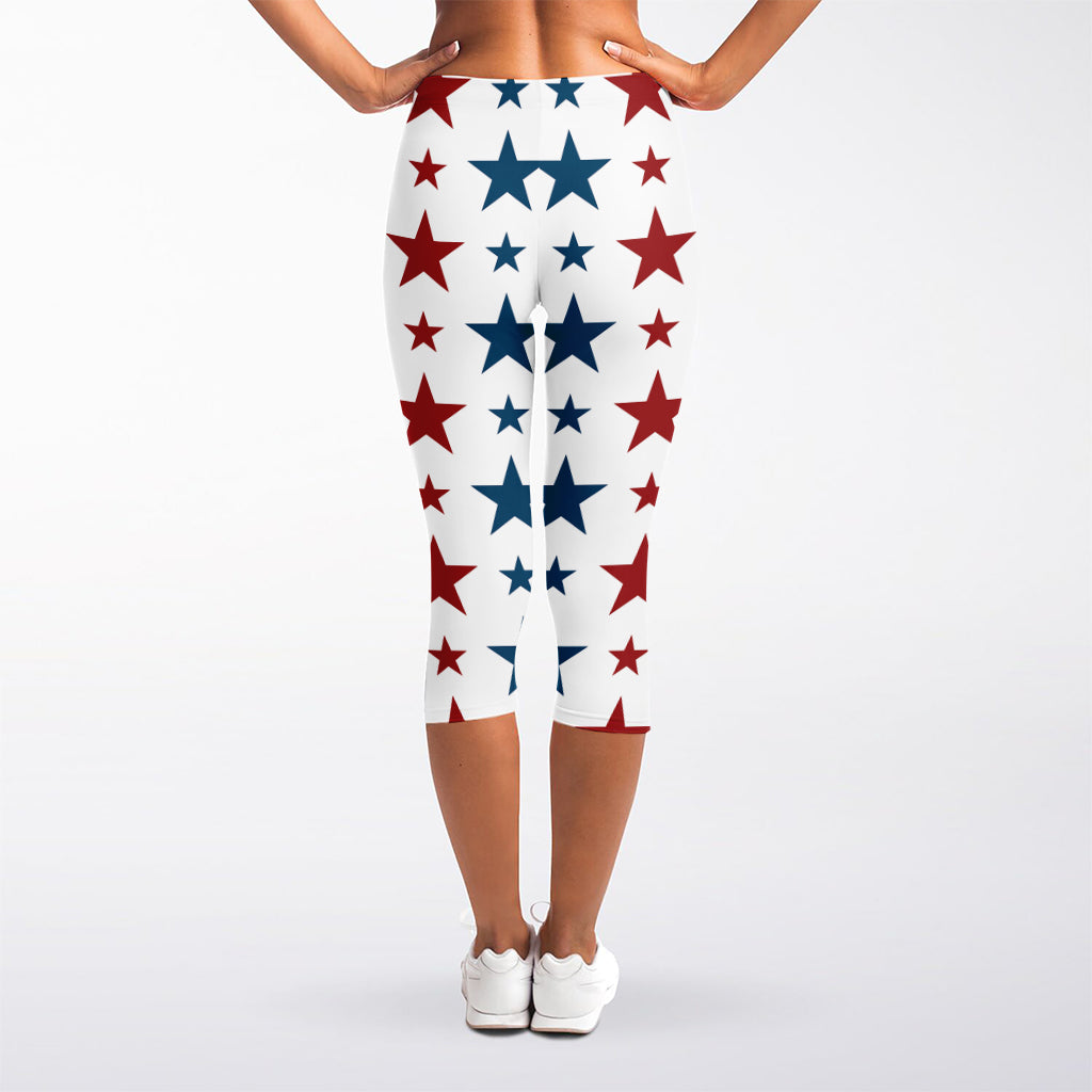 Red And Blue USA Star Pattern Print Women's Capri Leggings
