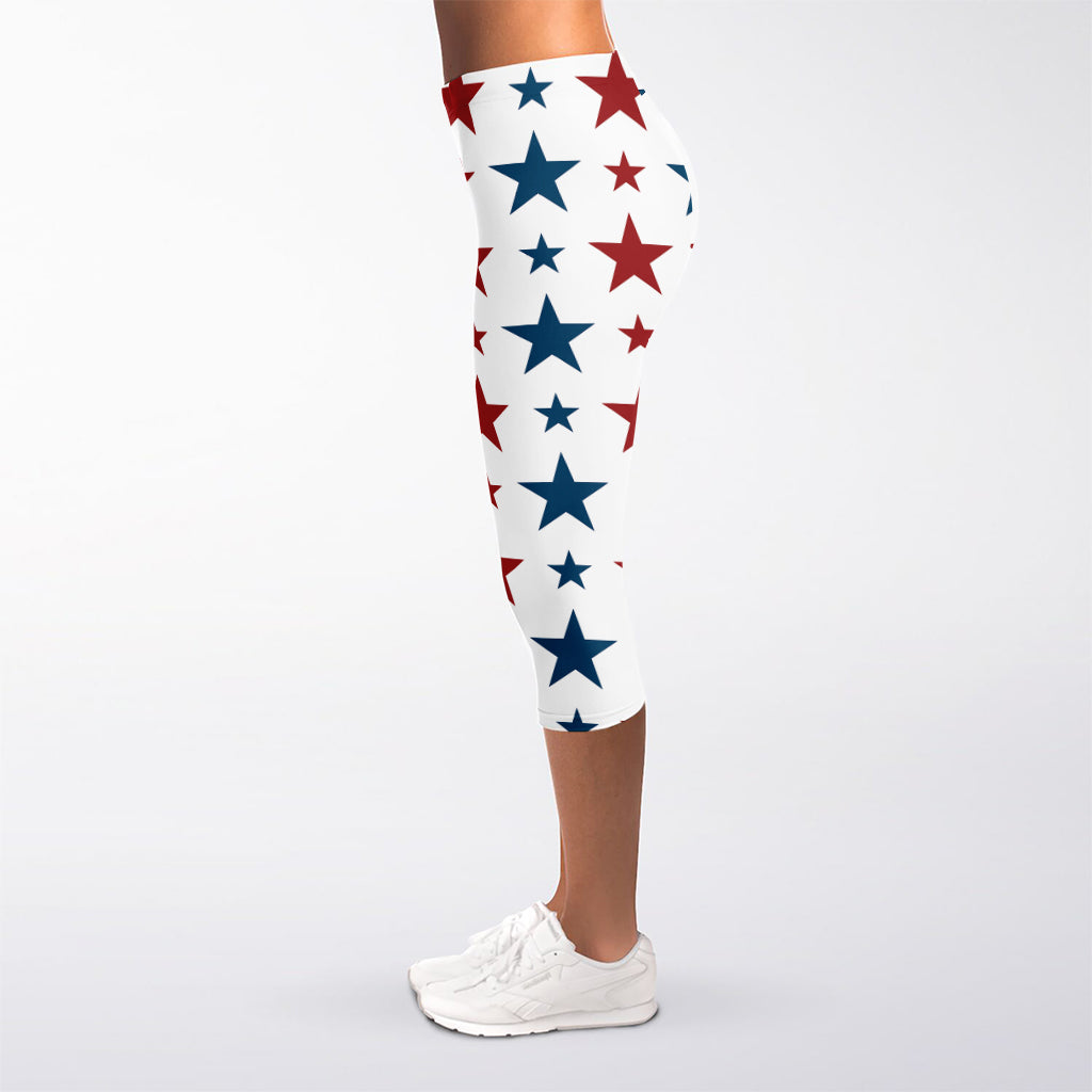 Red And Blue USA Star Pattern Print Women's Capri Leggings