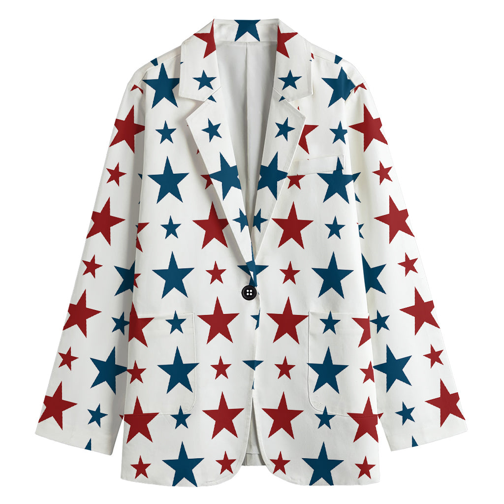 Red And Blue USA Star Pattern Print Women's Cotton Blazer