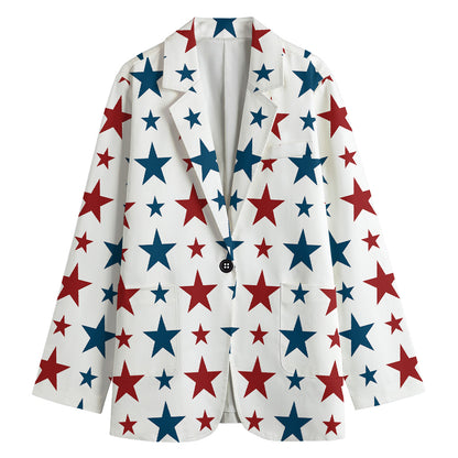 Red And Blue USA Star Pattern Print Women's Cotton Blazer
